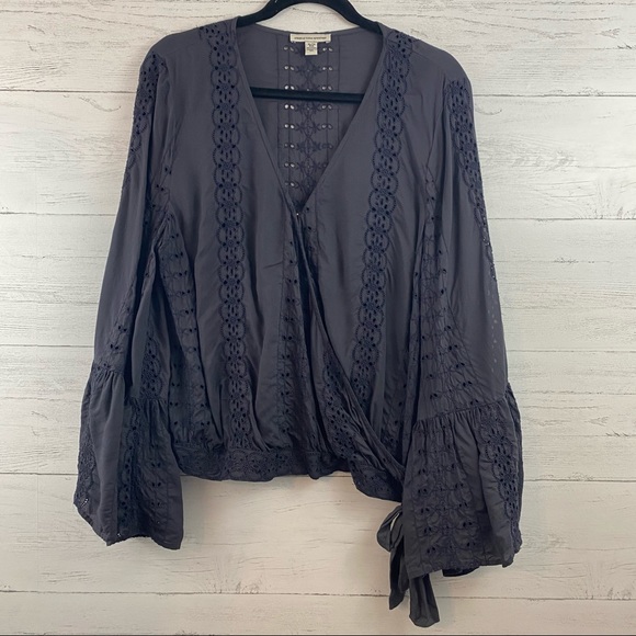 American Eagle Outfitters Tops - American Eagle Gray Bell Sleeve Faux Wrap Blouse
